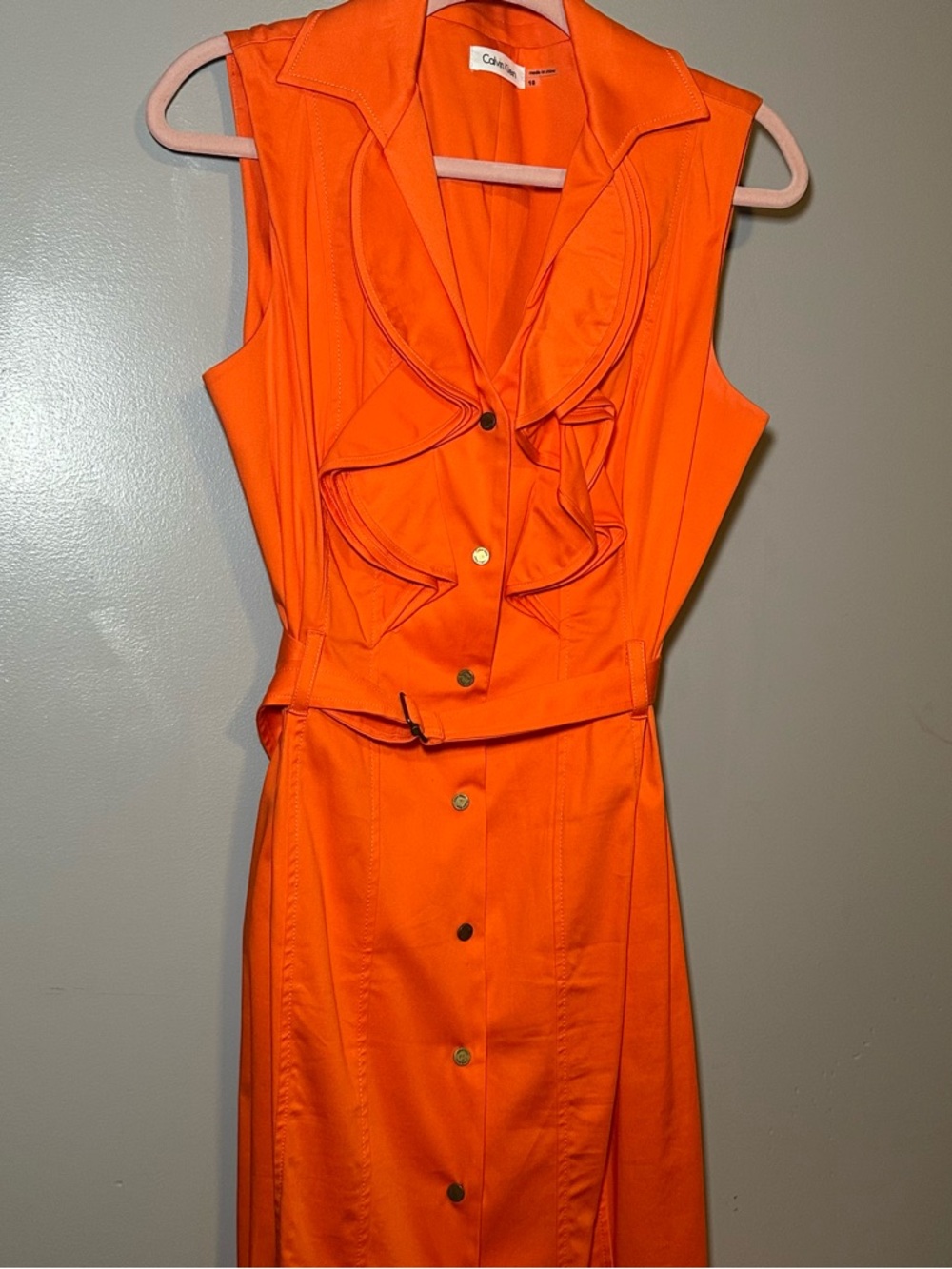 Calvin Klein Bright Orange Ruffled Sleeveless Belted Dress
